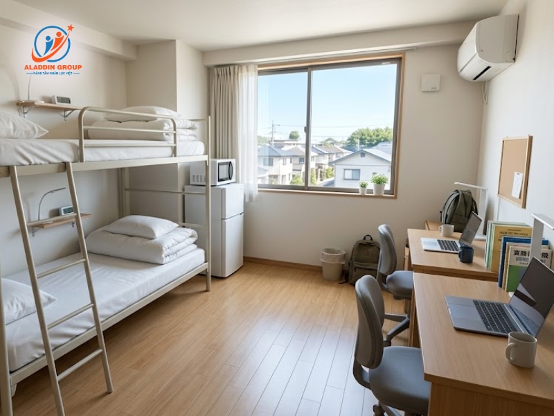 Hình ảnh bên trong phòng ở thể hiện tổng quan ký túc xá Tokyo World với đầy đủ giường, nệm, bàn học và điều hòa hiện đại dành cho du học sinh.