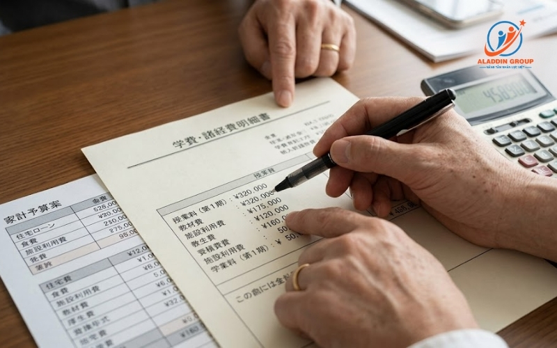 Hình ảnh phụ huynh và học sinh đang tính toán chi phí ký túc xá Tokyo World dựa trên hóa đơn của trường Nhật ngữ để chuẩn bị tài chính.