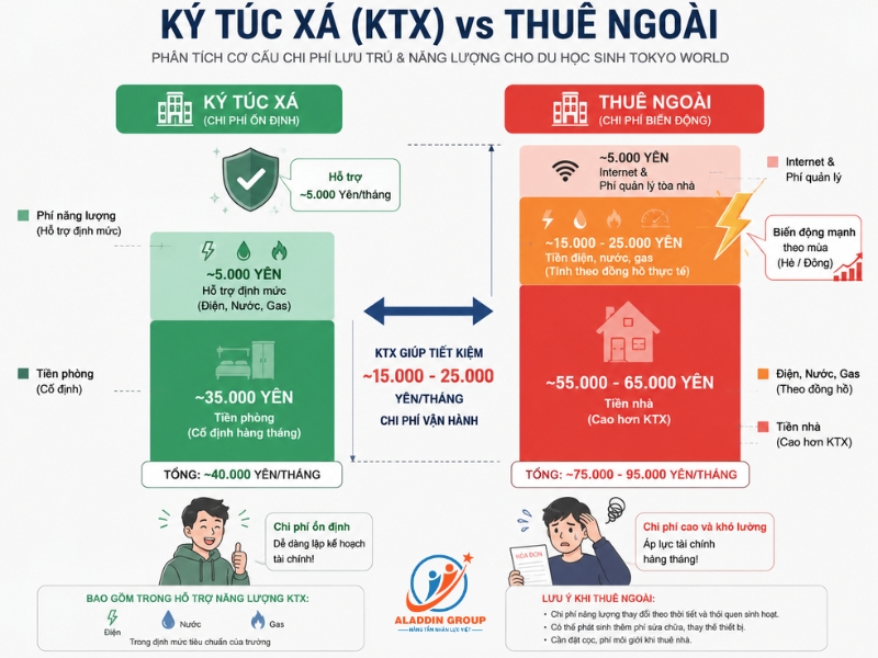 Bảng so sánh dòng tiền đầu vào giúp phụ huynh thấy rõ ràng việc đóng chi phí ký túc xá trường tokyo world tối ưu hơn rất nhiều so với việc tự thuê nhà ngoài trong 6 tháng đầu tiên.