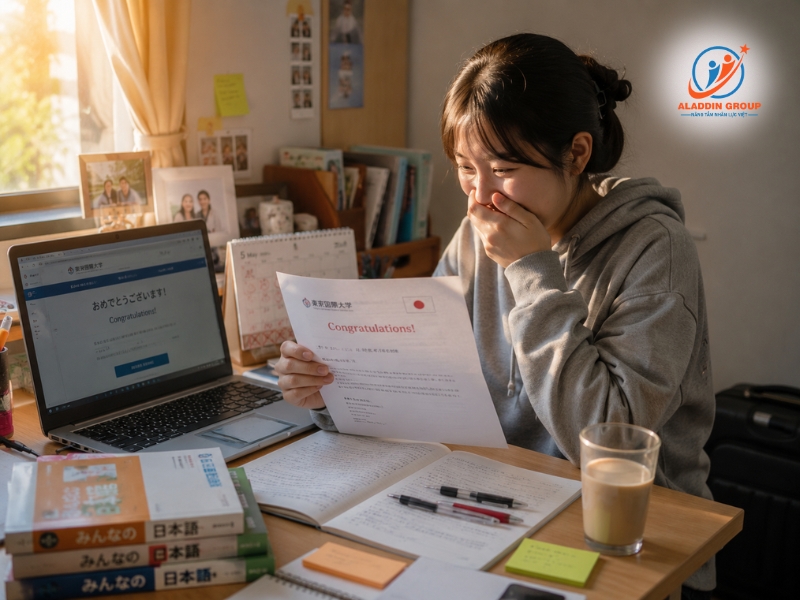 Hình ảnh học sinh vui mừng nhận thông báo trúng tuyển sau khi đáp ứng các điều kiện học bổng du học Nhật Bản từ chính phủ.