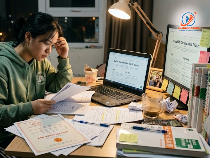 Hình ảnh học sinh đang lo lắng tìm hiểu xem cần bằng gì để du học Nhật Bản nhằm chuẩn bị bộ hồ sơ xuất ngoại hoàn hảo nhất.