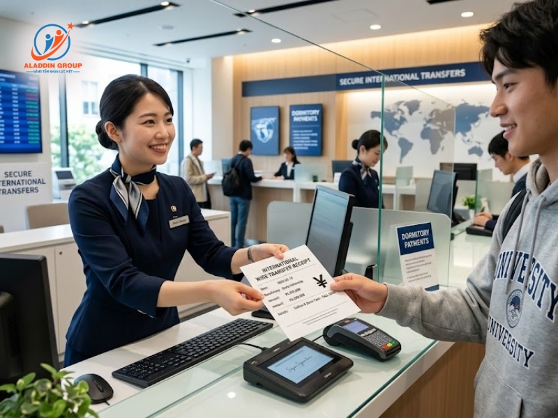 Hình ảnh phụ huynh thực hiện chuyển khoản thanh toán chi phí ký túc xá Tokyo World tại ngân hàng để đảm bảo điều kiện xin Visa du học.