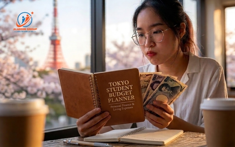 Hình ảnh đại diện mô tả du học sinh đang tính toán chi phí sinh hoạt tại Tokyo với bối cảnh tháp Tokyo đặc trưng, tối ưu ngân sách du học Nhật.