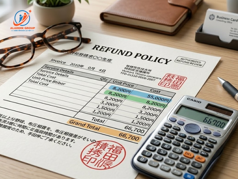 Hình ảnh bản thỏa thuận chính sách hoàn tiền (Refund Policy) minh bạch các khoản chi phí ký túc xá Tokyo World trong trường hợp học sinh hủy hồ sơ.