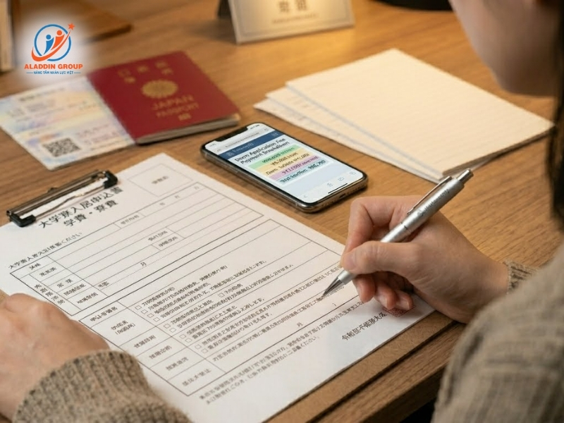 Hình ảnh du học sinh đang bối rối trước những yêu cầu và điều kiện đăng ký ký túc xá nghiêm ngặt từ trường Nhật ngữ.