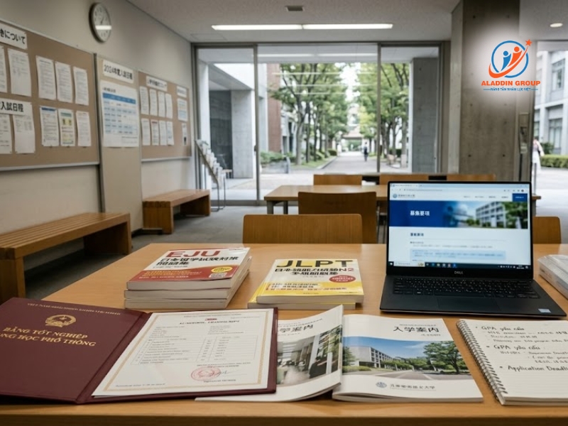 Sinh viên tốt nghiệp THPT đang nghiêm túc tìm hiểu các thông tin về yêu cầu học vấn và bằng cấp để chuẩn bị hồ sơ du học đại học Nhật Bản.