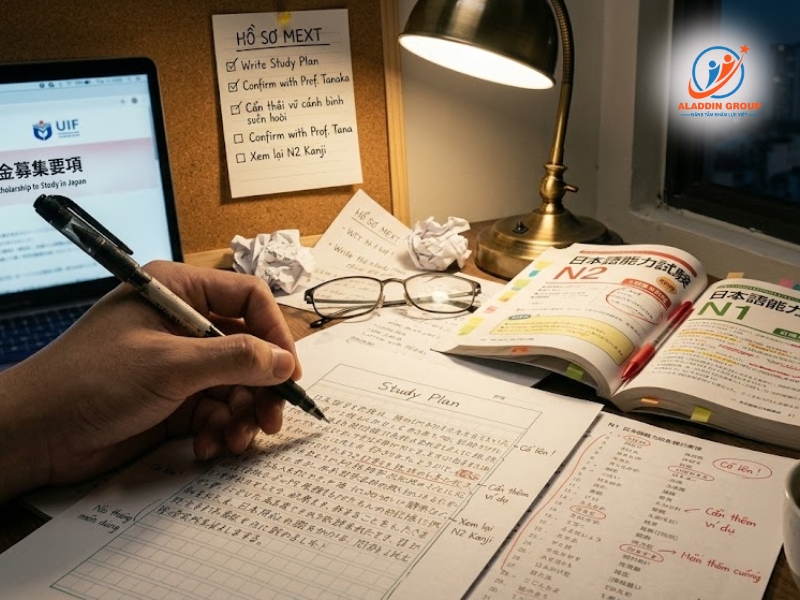 Hình ảnh sinh viên đang tập trung viết bài luận (Study Plan) xuất sắc bằng tiếng Nhật, vũ khí quan trọng nhất trong điều kiện học bổng du học Nhật Bản.