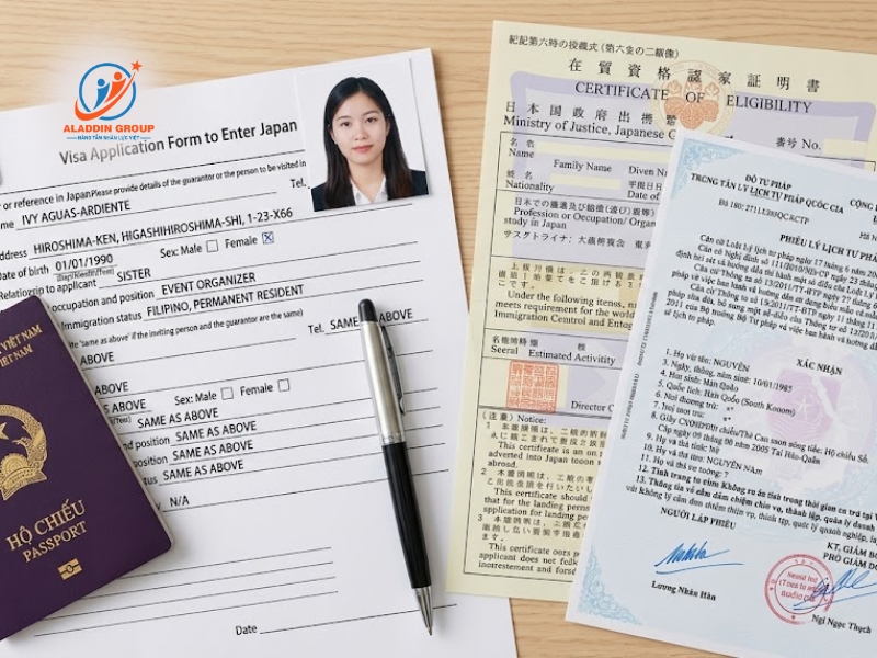 Hình ảnh Hộ chiếu, đơn xin Visa, ảnh thẻ 4.5x4.5 và giấy COE bản gốc được sắp xếp gọn gàng để nộp lên Đại sứ quán Nhật Bản.