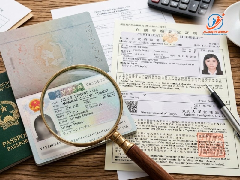 Hình ảnh phân biệt rõ ràng giữa Giấy chứng nhận tư cách lưu trú (COE) và điều kiện visa du học Nhật Bản dán trên hộ chiếu.