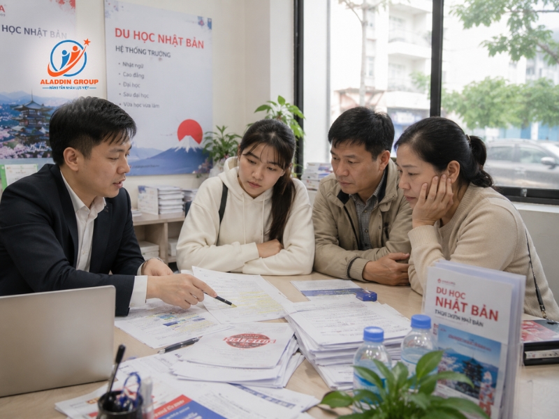 Hình ảnh chuyên viên giáo dục đang tận tình giải đáp các thắc mắc và gỡ rối những lỗi trượt hồ sơ điều kiện visa du học Nhật cho phụ huynh.