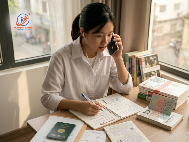Hình ảnh du học sinh đang bình tĩnh và tự tin trả lời phỏng vấn bằng tiếng Nhật qua điện thoại với Đại sứ quán để thỏa mãn điều kiện visa du học Nhật.