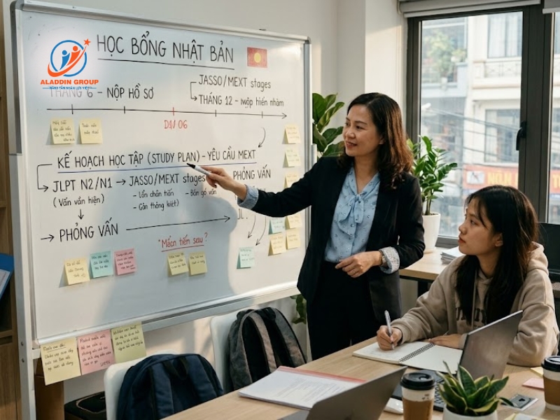 Đội ngũ tư vấn viên đang tận tình giải đáp các thắc mắc và định hướng lộ trình đáp ứng điều kiện học bổng du học Nhật Bản cho sinh viên.