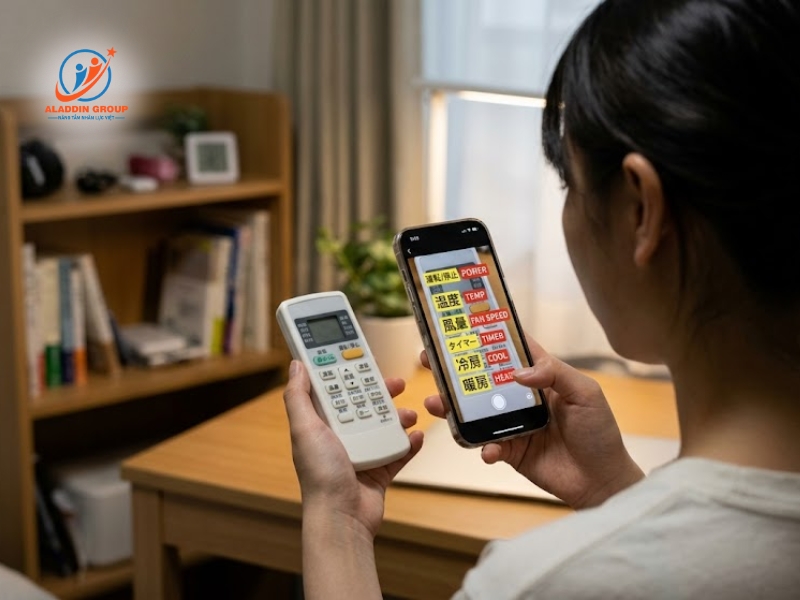 Hình ảnh du học sinh đang bối rối dùng điện thoại dịch các nút bấm tiếng Nhật trên bảng điều khiển thiết bị điện tử tại KTX.