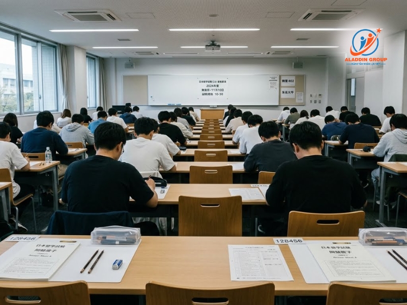 Hình ảnh học sinh quốc tế đang căng thẳng tập trung làm bài thi EJU để cạnh tranh suất vào các trường Đại học danh giá tại Nhật Bản.