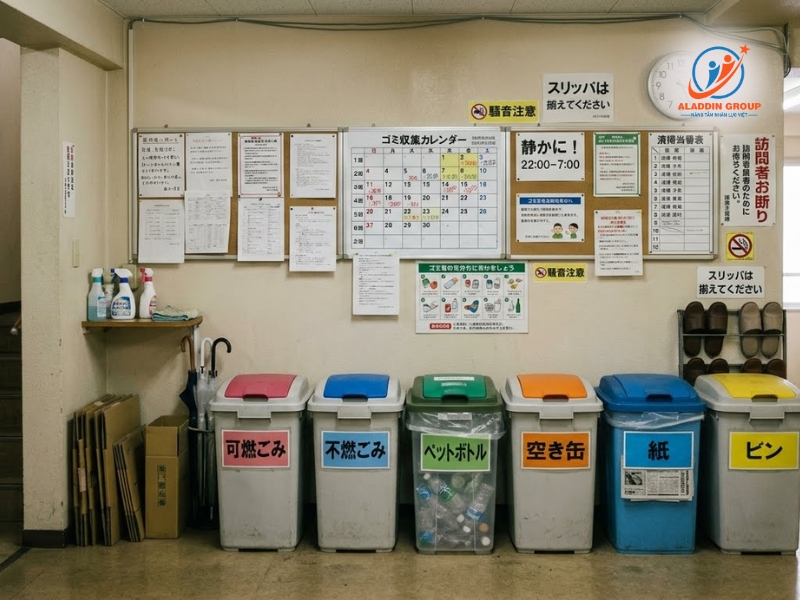 Hình ảnh khu vực phân loại rác nghiêm ngặt, thể hiện tính kỷ luật cao khi đánh giá ký túc xá Tokyo World có tốt không đối với du học sinh.