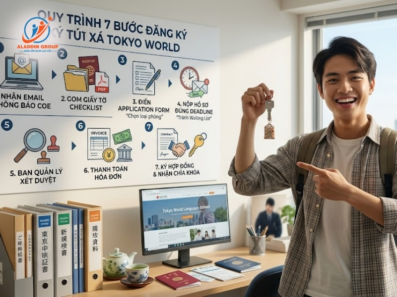 Hình ảnh biểu đồ các bước quy trình từ lúc nộp form đến khi nhận chìa khóa, giúp học sinh nắm vững điều kiện đăng ký ký túc xá Nhật Bản.