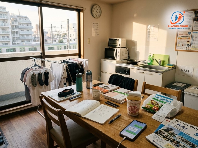 Hình ảnh các bạn cựu du học sinh đang cùng nhau đánh giá xem ký túc xá Tokyo World có tốt không và chia sẻ những góc nhìn chân thực nhất.