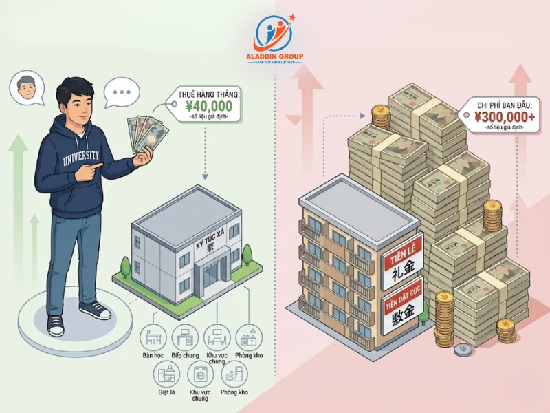 Hình ảnh biểu đồ minh họa sự chênh lệch lớn về chi phí ban đầu khi so sánh ký túc xá và thuê ngoài tại Nhật Bản.