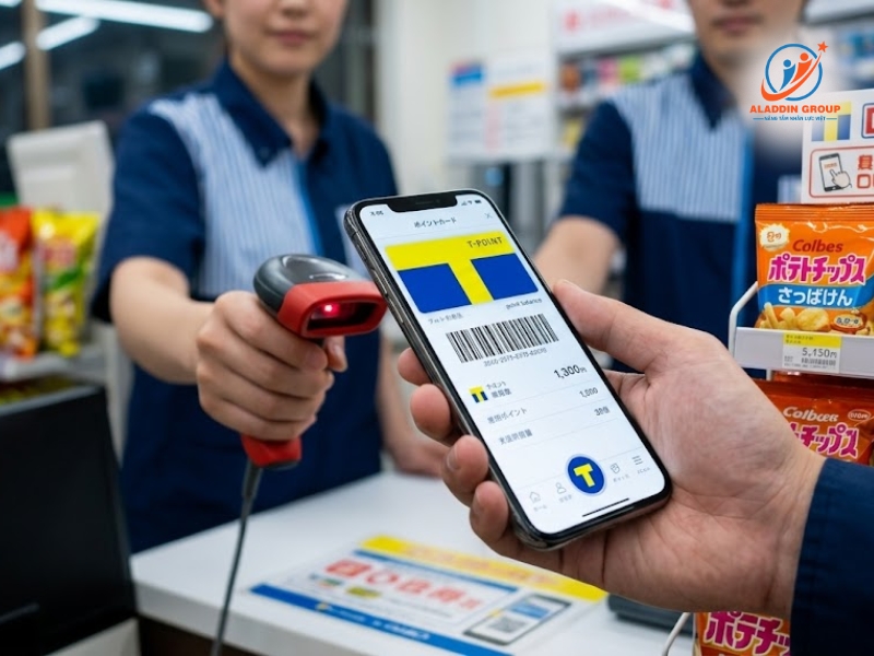 Hình ảnh du học sinh sử dụng thẻ tích điểm Point-Katsu khi thanh toán tại Nhật Bản để tối ưu chi phí sinh hoạt tại Tokyo mỗi tháng.