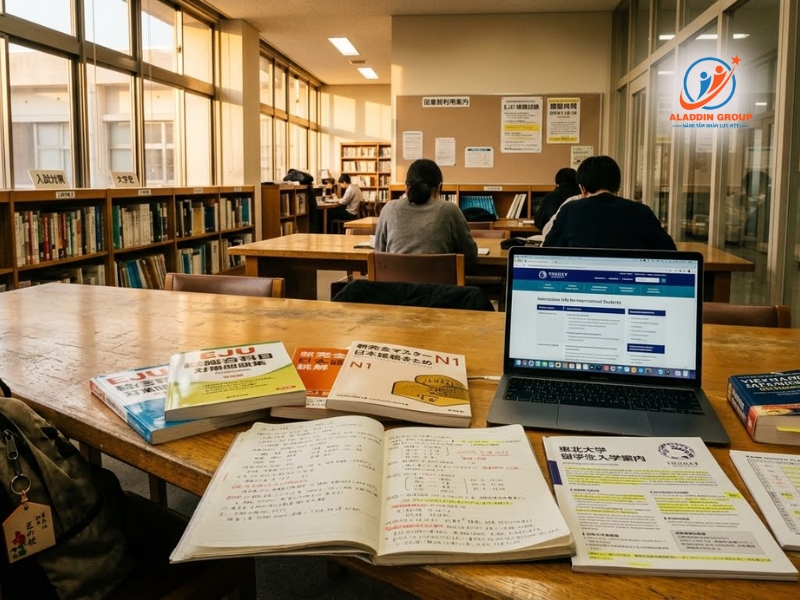 Hình ảnh du học sinh đang nghiêm túc tìm hiểu và ghi chép các điều kiện du học Nhật hệ đại học để chuẩn bị lộ trình tốt nhất.