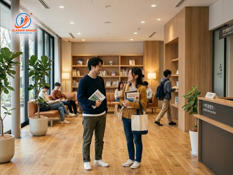 Hình ảnh các bạn du học sinh quốc tế đang vui vẻ trò chuyện tại khu vực sảnh chính, thể hiện môi trường sống thân thiện tại KTX Tokyo World.