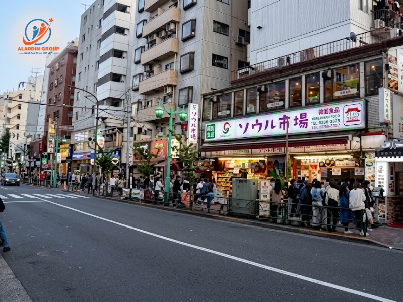 Hình ảnh đường phố nhộn nhịp tại ga Shin-Okubo, khu phố quốc tế sầm uất nằm rất gần khu vực ký túc xá trường Tokyo World.