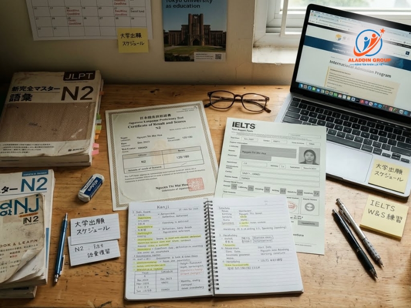 Hình ảnh chứng chỉ tiếng Nhật JLPT N2 và chứng chỉ tiếng Anh IELTS đặt cạnh nhau, thể hiện yêu cầu ngoại ngữ khắt khe khi học lên Đại học tại Nhật.
