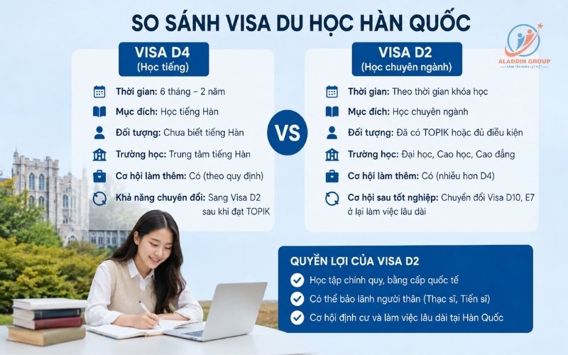 Giải đáp chi tiết visa D2 Hàn Quốc là gì. Phân biệt các loại visa D2 Hàn Quốc chính quy giúp phụ huynh và học sinh chọn đúng hướng đi cùng Aladdin Group.